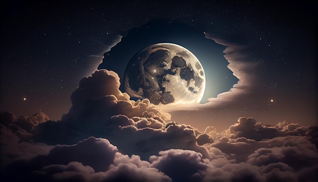Ogromny księżyc za chmurami Generacyjna sztuczna inteligencja