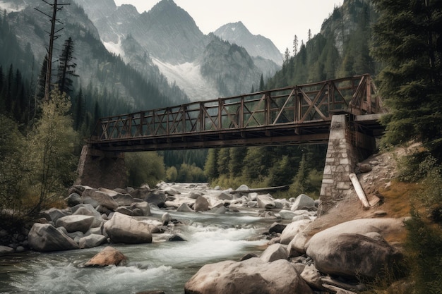 Ogromny most przecinający rozległą rwącą rzekę w górach, stworzony za pomocą generatywnej sztucznej inteligencji
