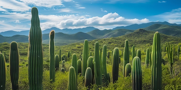 Ogromny pustynny krajobraz z kwitnącymi kaktusami pod jasnym niebieskim niebem przyrody piękno uchwycone w spokojnym otoczeniu idealne dla tła i tapet AI