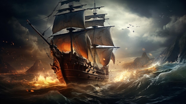 Ogromny statek piratów pływa na burzliwym morzu.