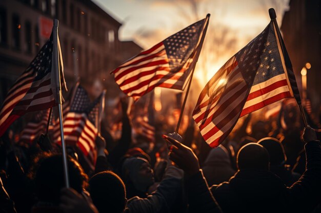 Zdjęcie ogromny tłum ludzi maszeruje wzdłuż ulicy z amerykańskimi flagami, gwiazdy i paski latają.