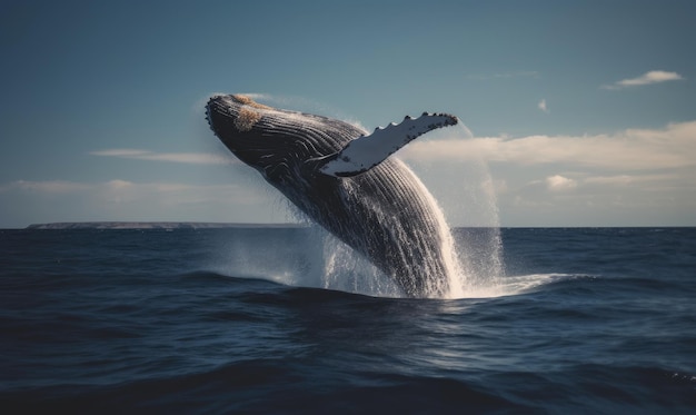 Ogromny wieloryb unoszący się w powietrzu na dramatycznej wystawie