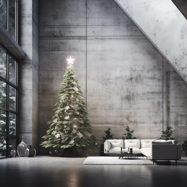 Ogromny wnętrze salonu czas Bożego Narodzenia Minimalistyczna przestrzeń z betonowymi ścianami Zima poza Bożym Narodzeniem