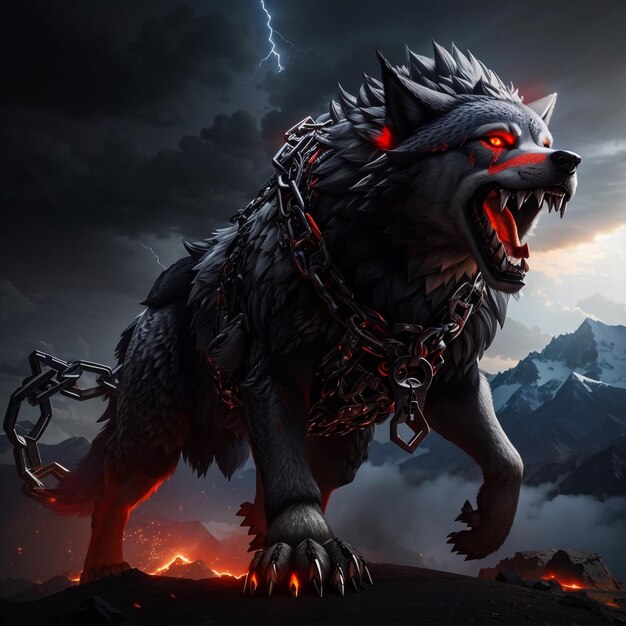 Ogromny wściekły wilk stojący na wulkanie