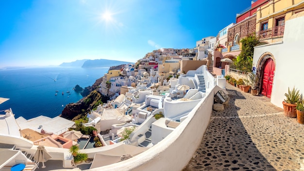 Oia Santorini Grecja Panoramiczny Widok Na Tradycyjne Cykladowe Domy Santorini Na Małej Uliczce Oia Village Santorini Grecja