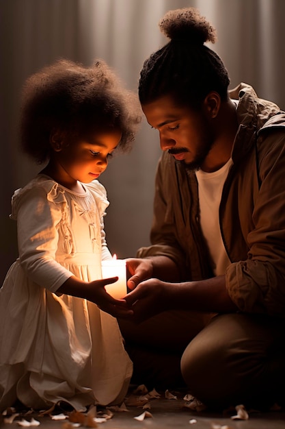 Ojciec cieszy się czasem ze swoją córką, uśmiecha się i jest szczęśliwy, trzymając razem świecę.