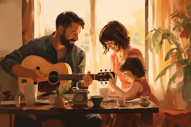 Ojciec grający na gitarze dla córki w kawiarni z oknem w tle generowanym przez Ai