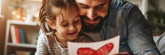 Zdjęcie ojciec i córka cieszą się serdeczną kartką podarunkową na dzień ojca w przytulnym otoczeniu.