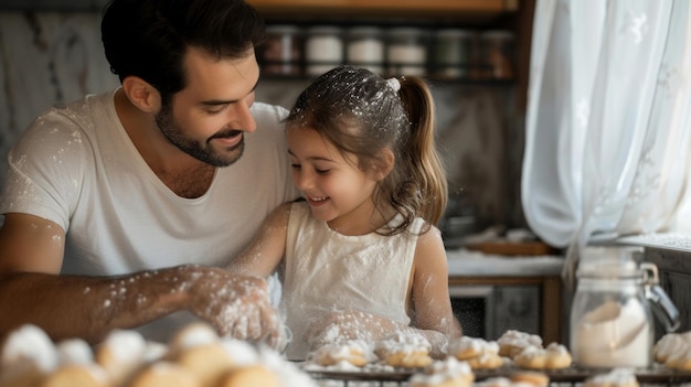 Ojciec i córka pieczą razem ciasteczka w kuchni, mąka odkurza ich ubrania.