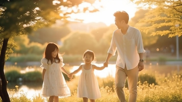 ojciec i córki chodzą w słońcu