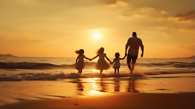 ojciec i dzieci trzymając się za ręce na plaży