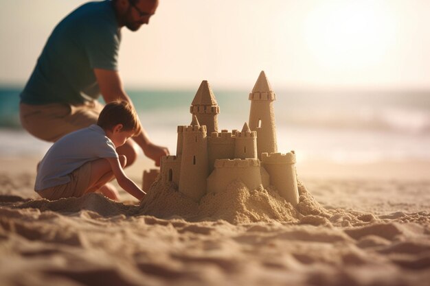 Ojciec i dziecko budują zamek z piasku na pięknej plaży Dzień Ojca