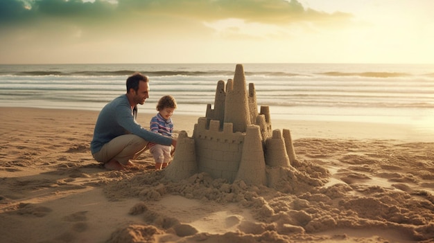 Zdjęcie ojciec i dziecko budują zamki z piasku na plaży