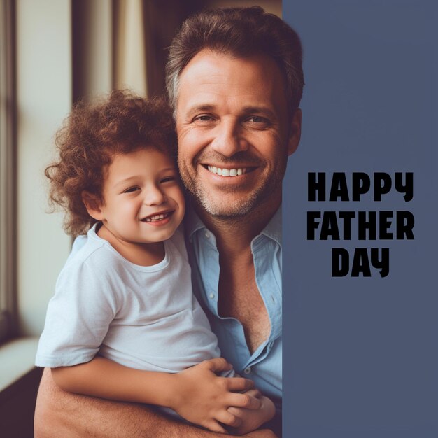 Ojciec i dziecko pozują na zdjęcie z słowami "szczęśliwy dzień ojca"