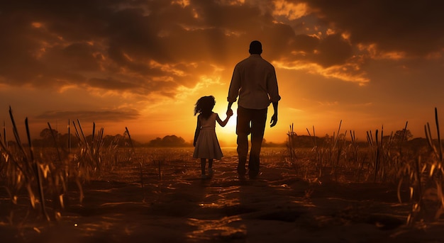 Ojciec i jego córka idą po zachodzie słońca.