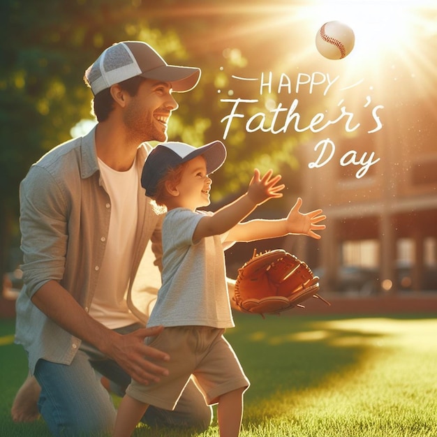 Ojciec i syn bawiący się piłką i słowa Szczęśliwego Dnia Ojca