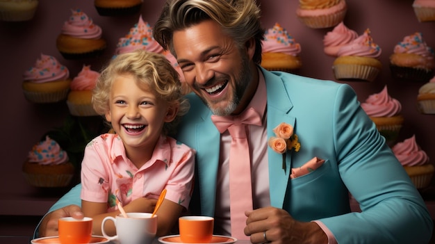 Ojciec i syn cieszą się razem w kawiarni jedząc desery Szczęśliwa impreza urodzinowa Szczęśliwi ojcowie da