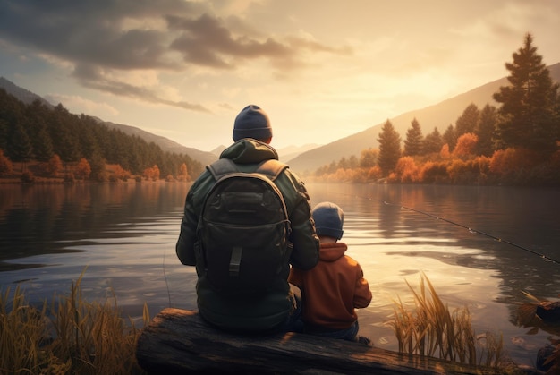 Zdjęcie ojciec i syn łowią ryby mężczyzna i mały chłopiec łowią razem ryby na jeziorze, widok z tyłu sezon jesienny