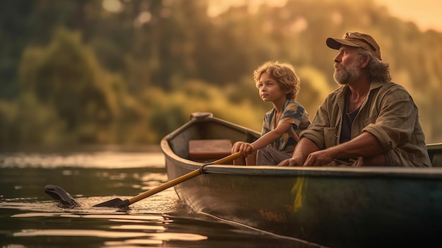 Ojciec i syn łowią ryby na jeziorze o zachodzie słońca Koncepcja przyjaznej rodziny