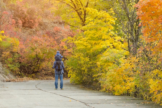 Ojciec i syn na ramionach spacerują po jesiennym parku Widok z tyłu