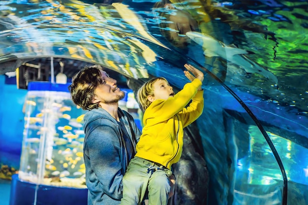 Ojciec i syn patrzą na rybę w akwarium w oceanarium