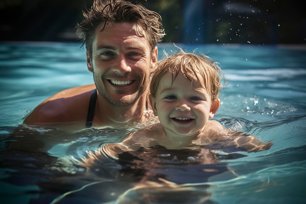 Ojciec i syn pływają razem w basenie w słoneczny dzień
