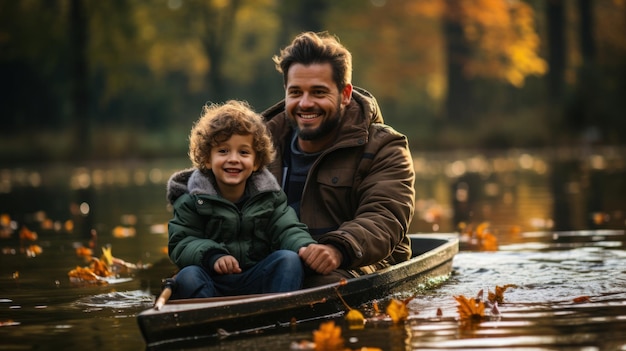Ojciec i syn w małej łodzi na jeziorze z jesiennymi liśćmi nad jeziorem