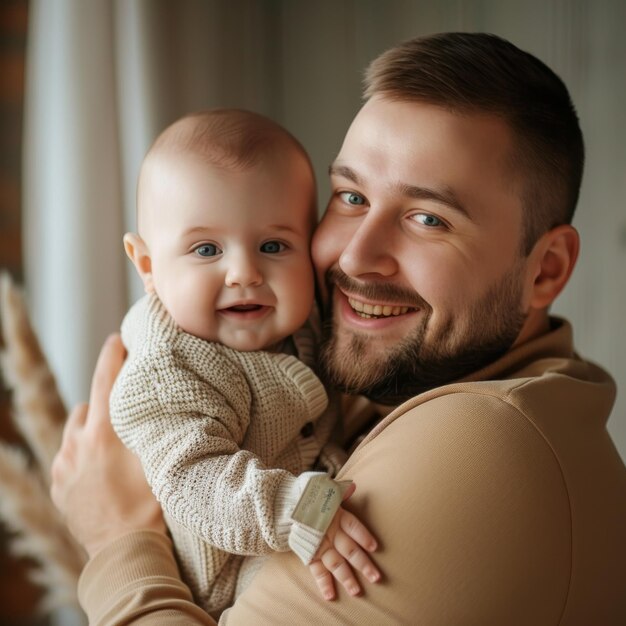 Ojciec trzymający dziecko z ciepłym i kochającym wyrazem twarzy odpowiednim do treści rodzinnych