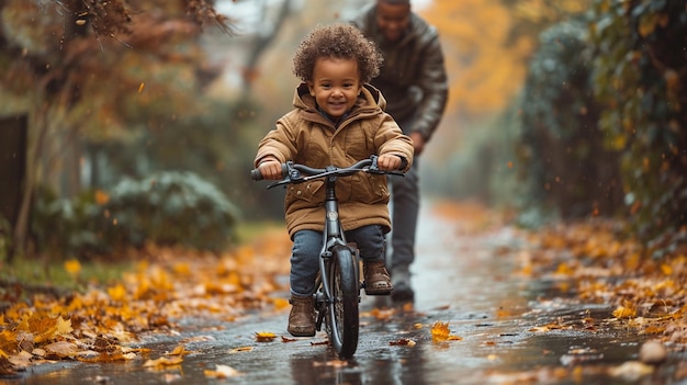 ojciec uczy syna jeździć na rowerze w podmiejskiej dzielnicy