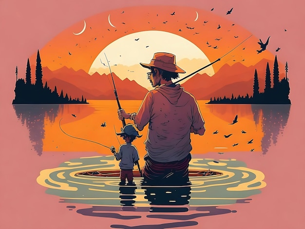 Zdjęcie ojciec wędkujący ze swoim synem z ilustracją z widokiem na zachód słońca