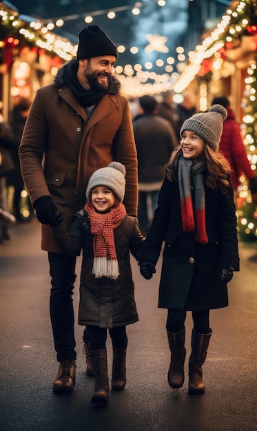 Ojciec z dwoma córkami idący w pobliżu stoisk w Boże Narodzenie i Nowy Rok