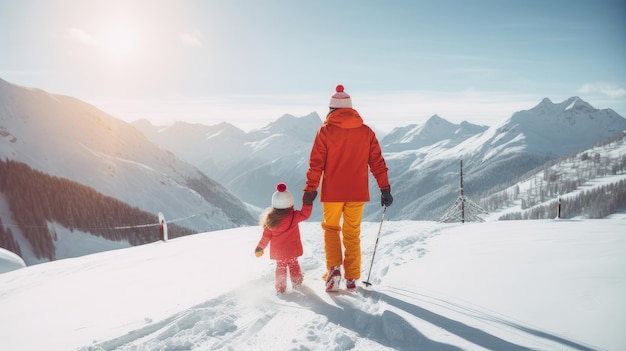 Ojciec z małą córką patrzący na pokryte śniegiem góry w ośrodku narciarskim podczas wakacji i zimy