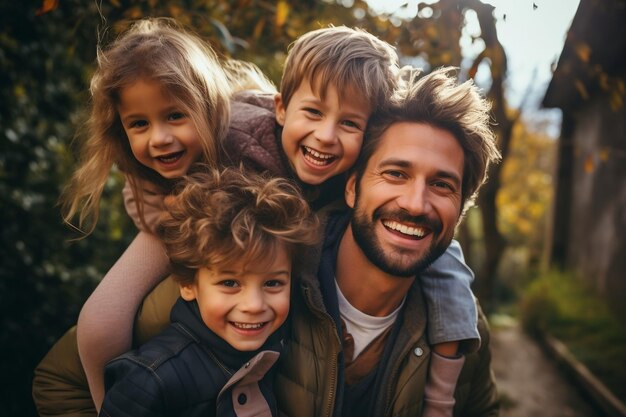 Ojciec zabawnie niosący troje dzieci na ramionach i uśmiechnięty Generatywna sztuczna inteligencja
