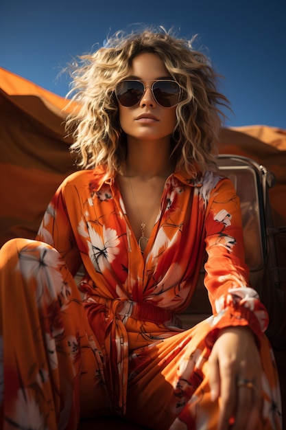 okładka mody atrakcyjnej młodej kobiety w modnych okularach przeciwsłonecznych i pomarańczowym stroju