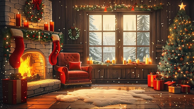 okna krzesła kominka i dekoracje drzew