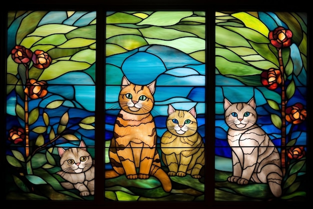 Okna witrażowe z kotami generatywne przez Ai