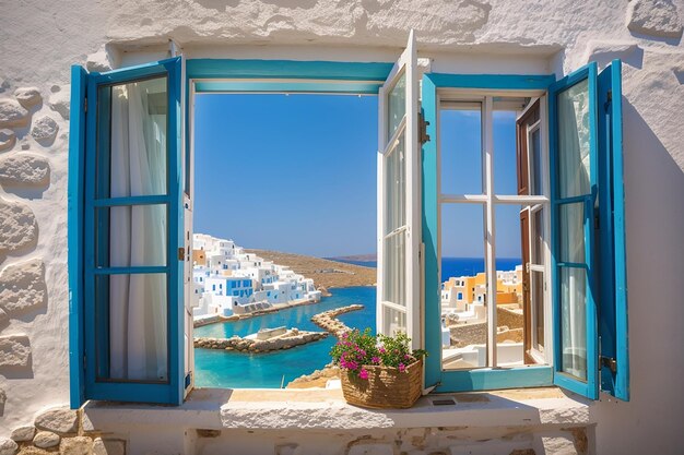 Okno greckie Mykonos lato śródziemnomorskie