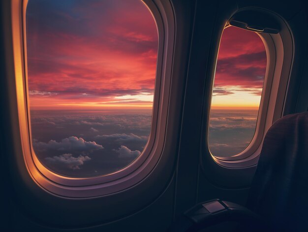 Okno samolotu piękne niebo Zdjęcie z wnętrza okna samolotu z niebem złote światła zachodu słońca