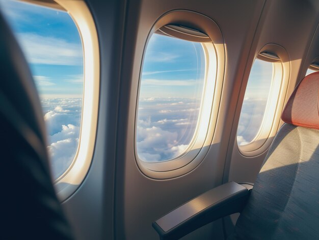 Zdjęcie okno samolotu piękne niebo zdjęcie z wnętrza okna samolotu z niebem złote światła zachodu słońca