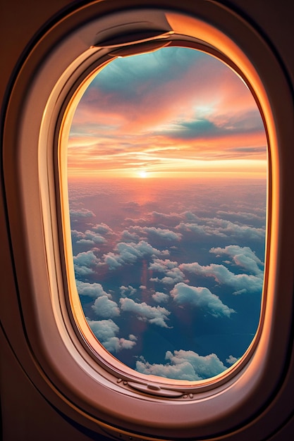 Okno samolotu z widokiem na chmury na niebie