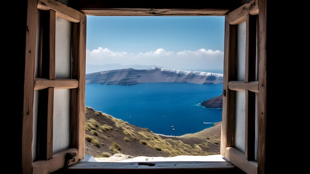 Okno w domu z widokiem na morze i góry