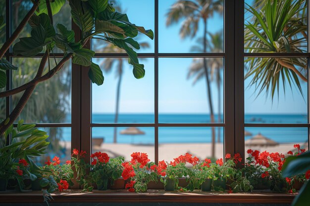 Zdjęcie okno z czerwonymi kwiatami z widokiem na tropikalną plażę morską