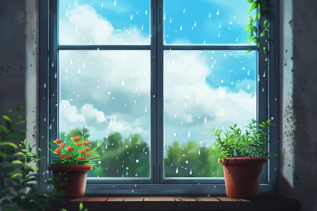 Okno z kropelami deszczu na nim i dwie rośliny w garnku na drewnianej półce