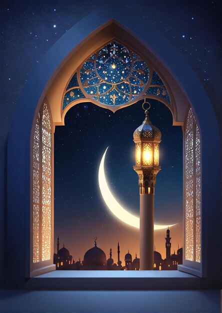 Zdjęcie okno z księżycem i meczetem w tle