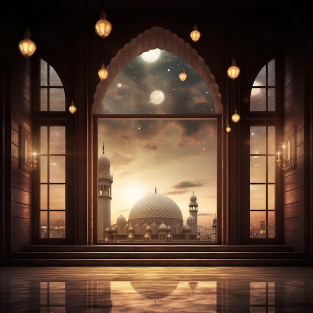 Okno z widokiem na meczet i księżyc