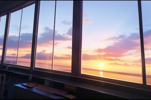 Okno z widokiem na ocean i zachodzące słońce.