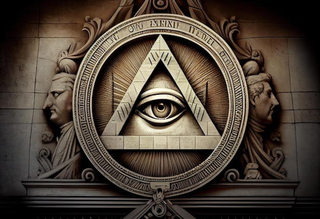Zdjęcie oko opatrzności, wszechwidzące oko boga w czerwonej oprawie, w starożytnym symbolu masońskim w trójkącie