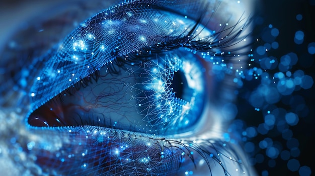 Oko z niską technologią polywireframe Współczesna siatka oczu powstaje z latających szczątków Cienka linia ilustracja koncepcyjna w stylu science fiction Ilustracja w stylu struktury niebieskiej Poligonalna