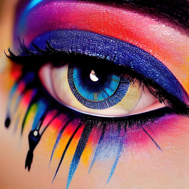 Oko z pięknym makijażem zbliżenie Oko modnej kobiety z jaskrawymi kolorami