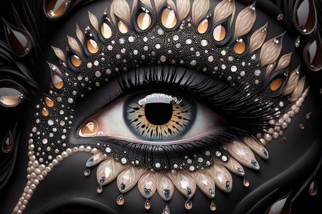 Oko z Super Black Gold Makeup Piękna luksusowa kobieta Oko Vantablack Makeup Generatywna ilustracja AI